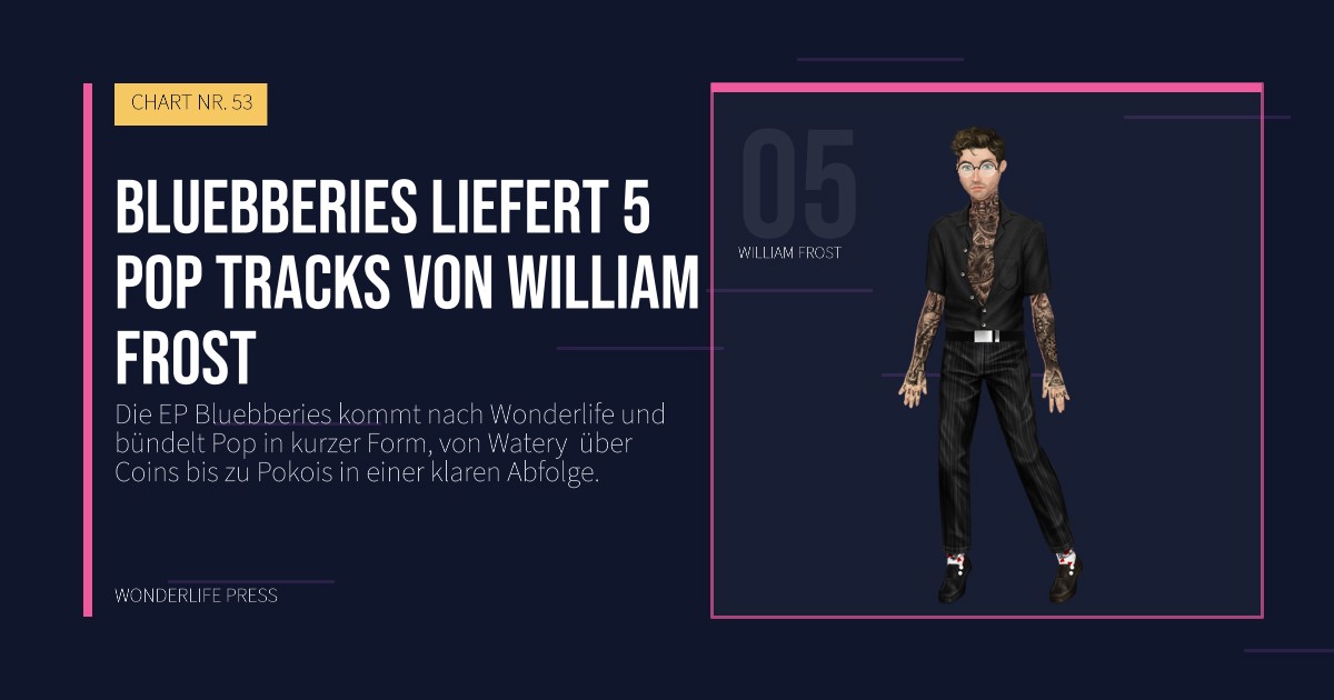 Wonderlife Press: Bluebberies liefert 5 Pop tracks von William Frost. Künstlerporträt. CHART NR. 53.