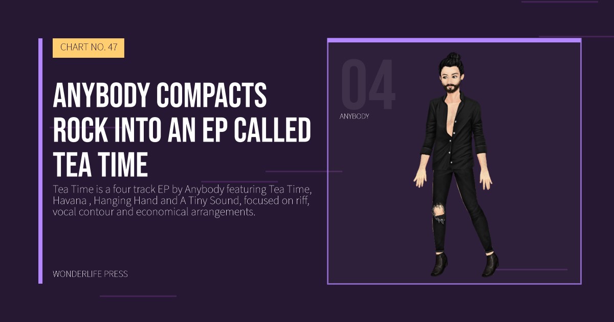 Wonderlife Press: Anybody compacts rock into an EP called Tea Time. artist portrait. CHART NO. 47.