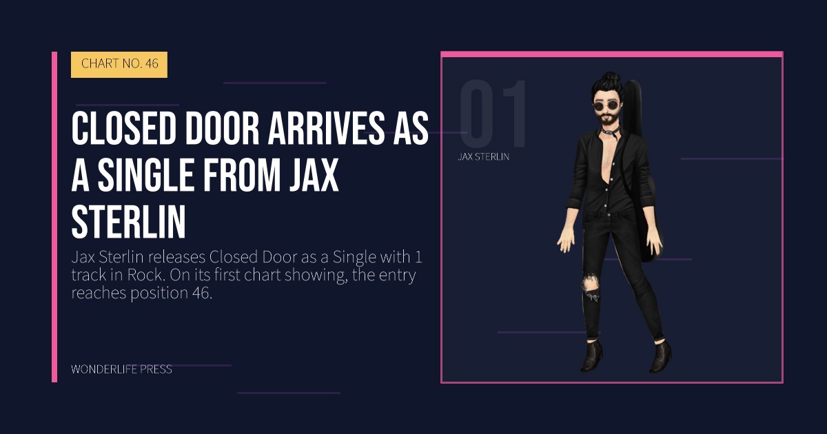 Wonderlife Press: Closed Door arrives as a Single from Jax Sterlin. artist portrait. CHART NO. 46.