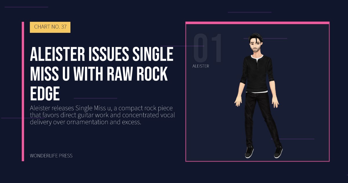 Wonderlife Press: Aleister issues Single Miss u with raw rock edge. artist portrait. CHART NO. 37.