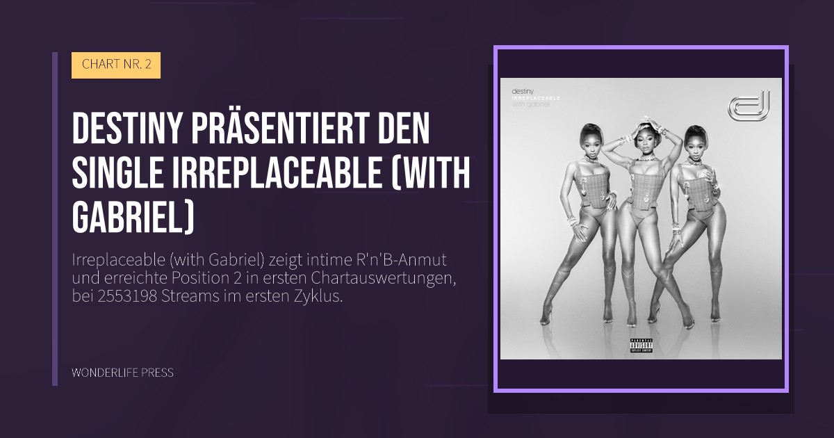 Wonderlife Press: Destiny präsentiert den Single Irreplaceable (with Gabriel). Veröffentlichungscover. CHART NR. 2.