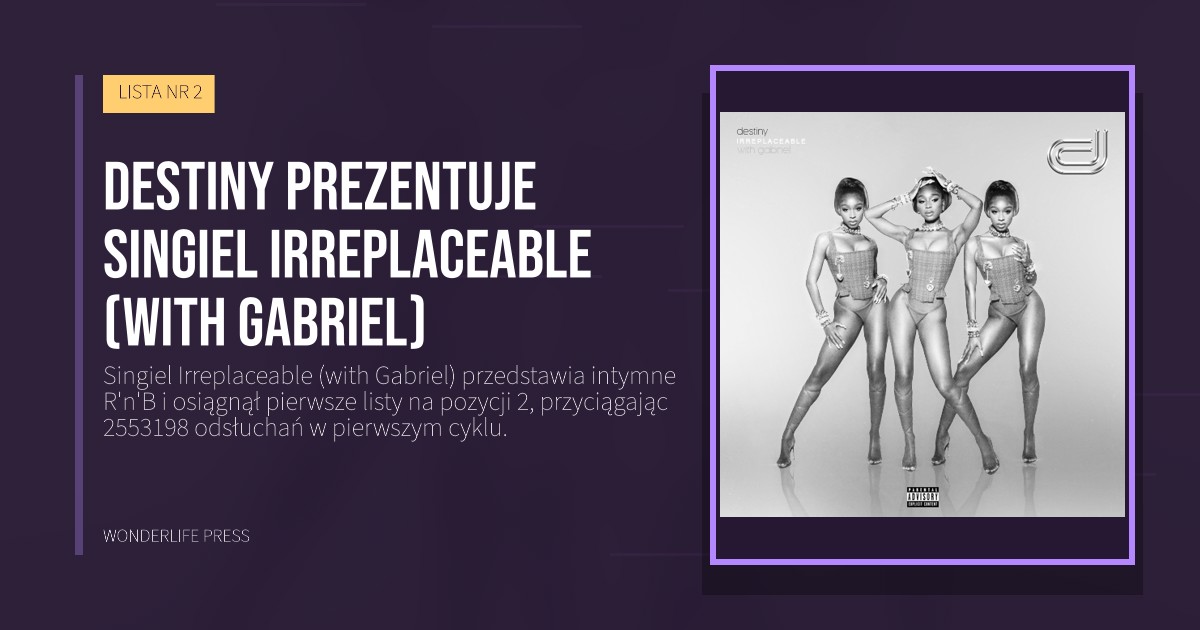 Wonderlife Press: Destiny prezentuje singiel Irreplaceable (with Gabriel). okładka wydawnictwa. LISTA NR 2.