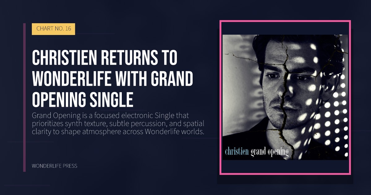 Wonderlife Press: Christien returns to Wonderlife with Grand Opening single. release artwork. CHART NO. 16.