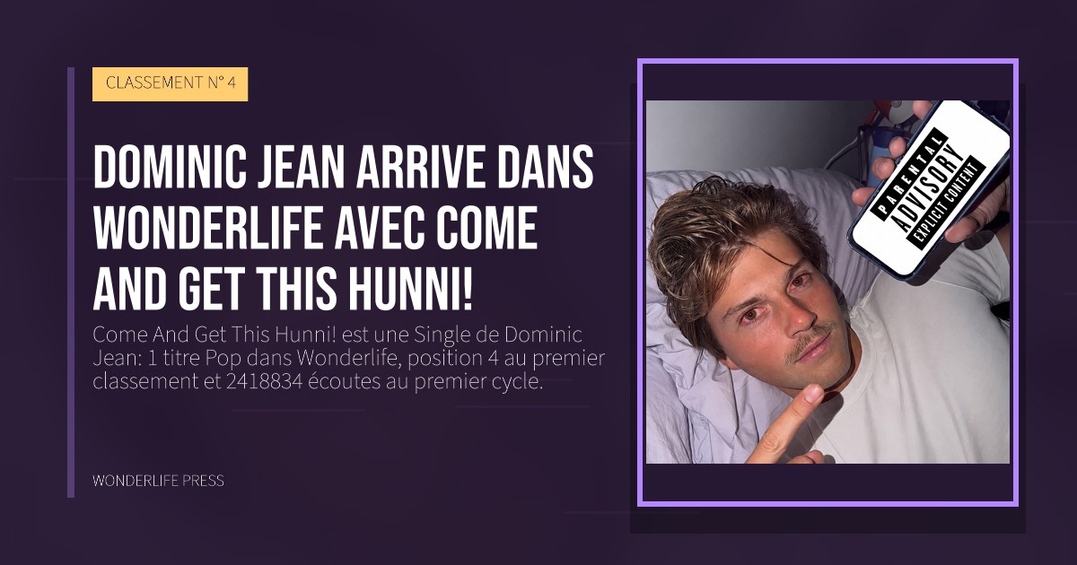 Wonderlife Press: Dominic Jean arrive dans Wonderlife avec Come And Get This Hunni!. pochette de la sortie. CLASSEMENT N° 4.