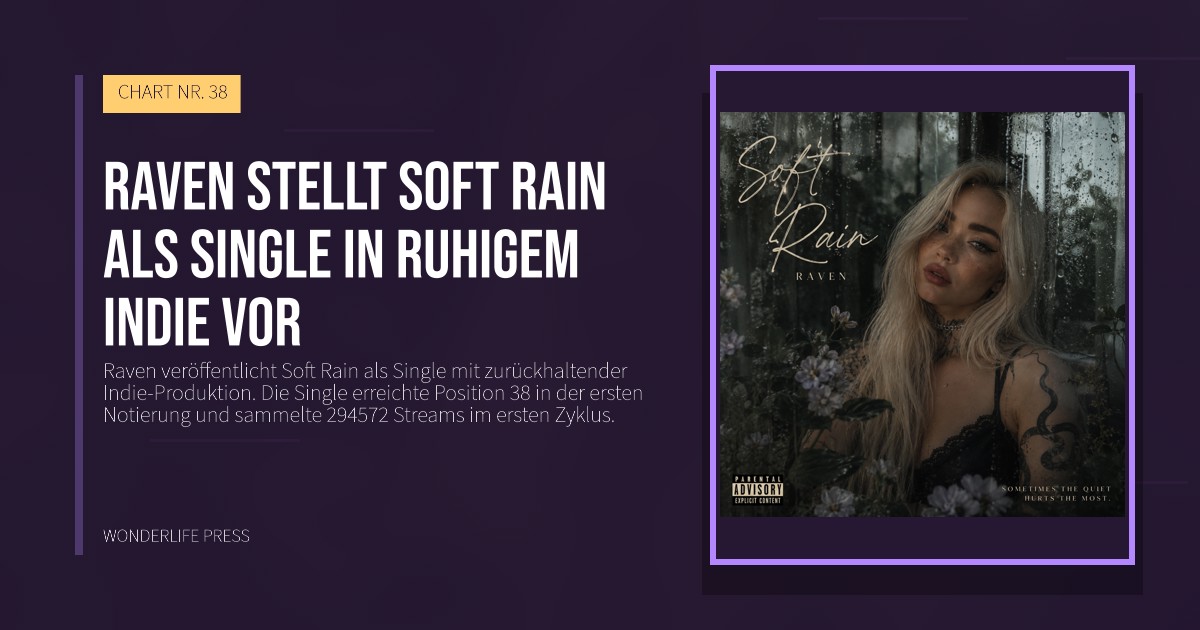 Wonderlife Press: Raven stellt Soft Rain als single in ruhigem indie vor. Veröffentlichungscover. CHART NR. 38.