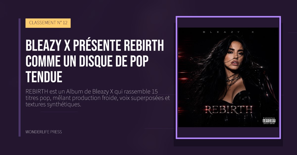 Wonderlife Press: Bleazy X présente REBIRTH comme un disque de pop tendue. pochette de la sortie. CLASSEMENT N° 12.