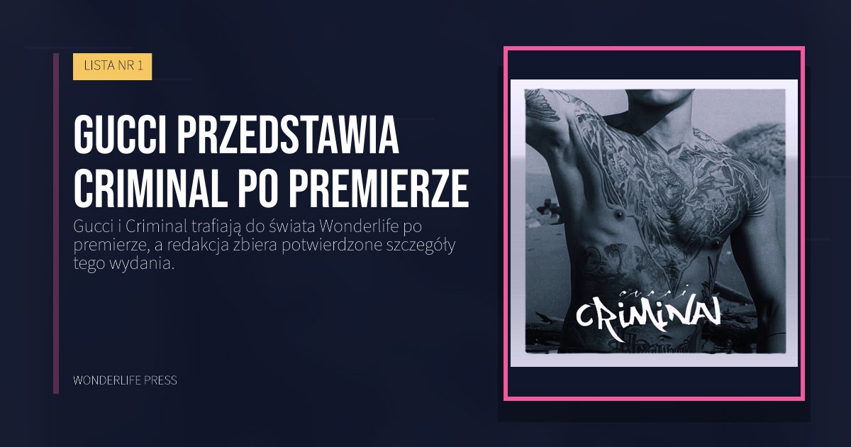 Wonderlife Press: Gucci przedstawia Criminal po premierze. okładka wydawnictwa. LISTA NR 1.