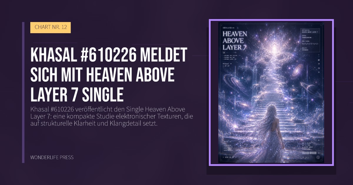 Wonderlife Press: Khasal #610226 meldet sich mit Heaven Above Layer 7 single. Veröffentlichungscover. CHART NR. 12.