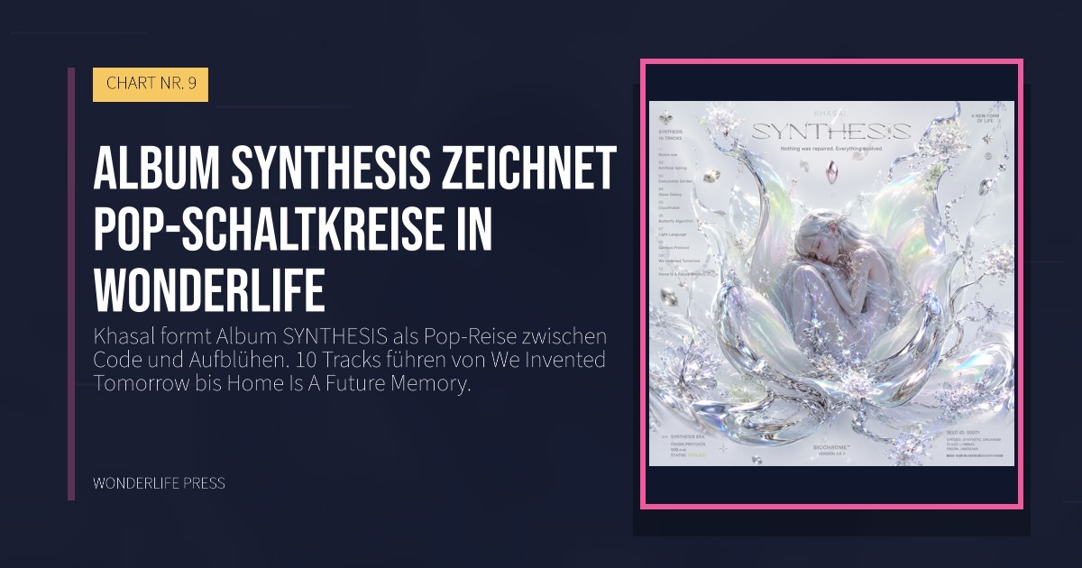 Wonderlife Press: Album SYNTHESIS zeichnet Pop-Schaltkreise in Wonderlife. Veröffentlichungscover. CHART NR. 9.