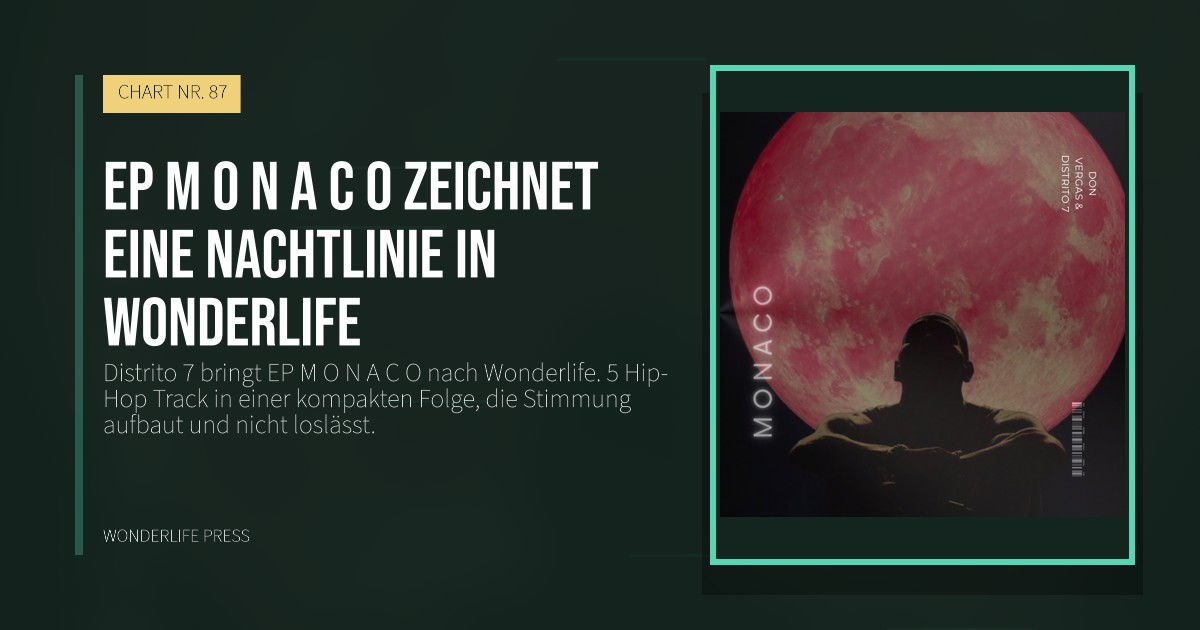 Wonderlife Press: EP M O N A C O zeichnet eine Nachtlinie in Wonderlife. Veröffentlichungscover. CHART NR. 87.