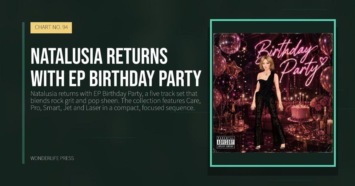 Wonderlife Press: Natalusia returns with EP Birthday Party. release artwork. CHART NO. 94.