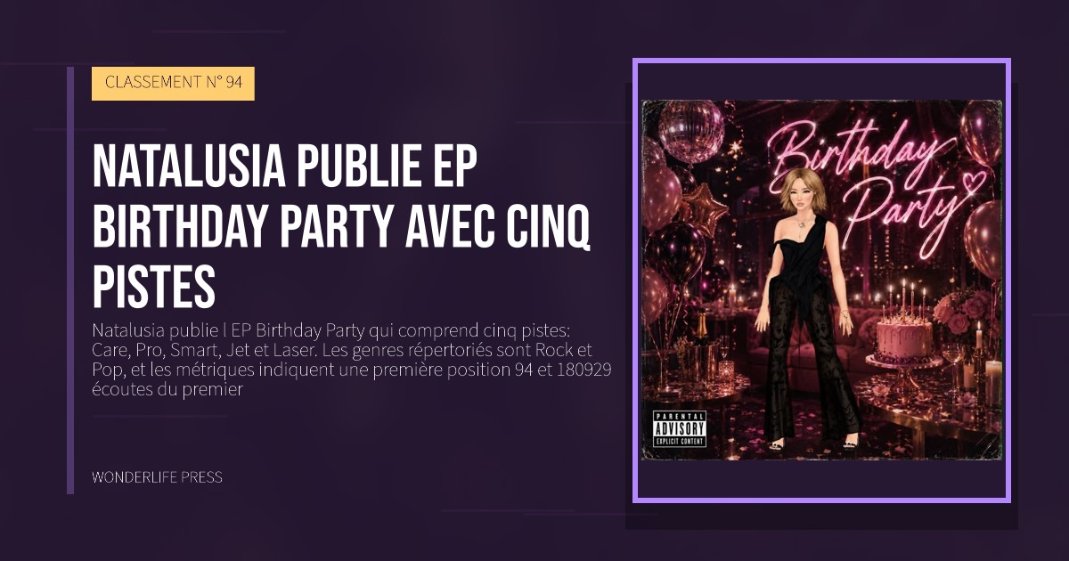 Wonderlife Press: Natalusia publie EP Birthday Party avec cinq pistes. pochette de la sortie. CLASSEMENT N° 94.
