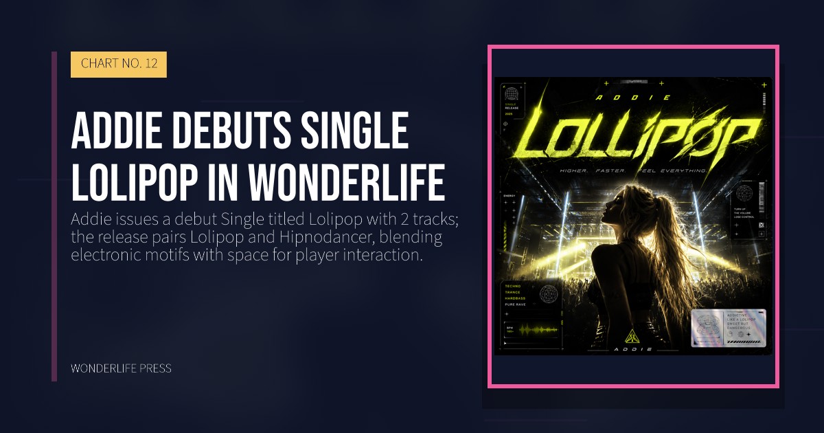 Wonderlife Press: Addie debuts Single Lolipop in Wonderlife. release artwork. CHART NO. 12.