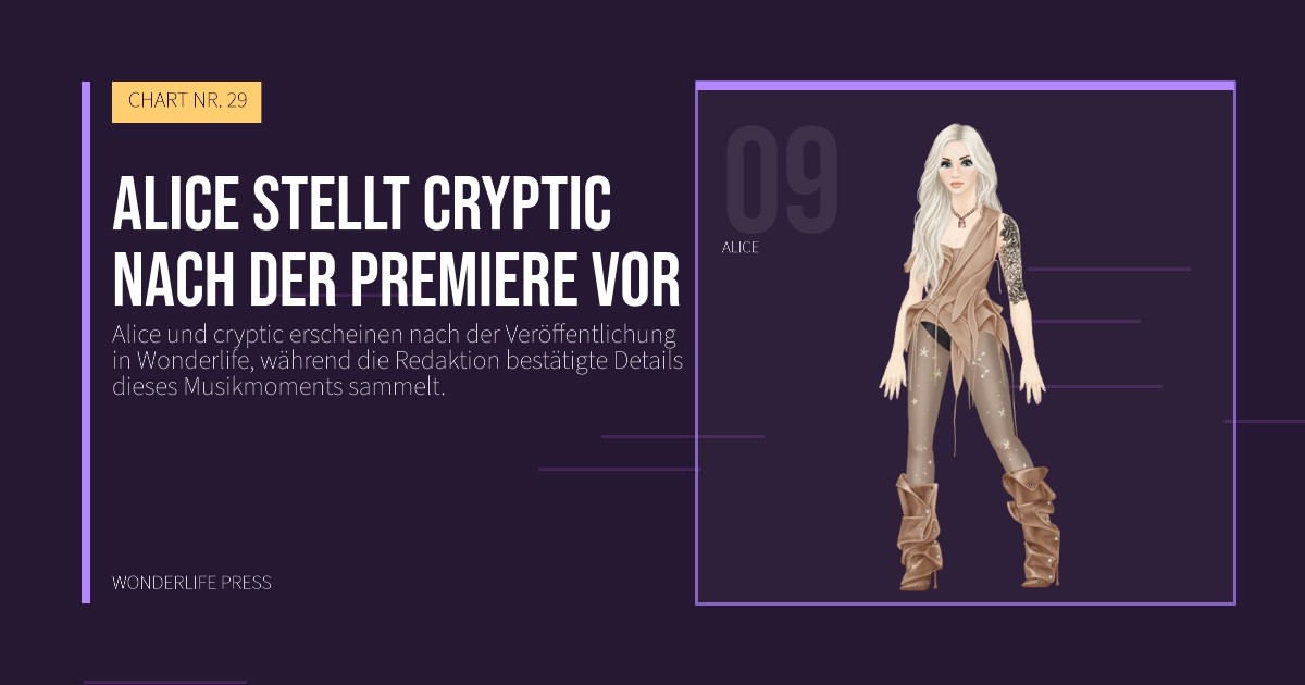 Wonderlife Press: Alice stellt cryptic nach der Premiere vor. Künstlerporträt. CHART NR. 29.