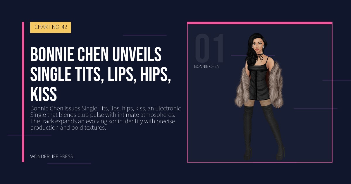 Wonderlife Press: Bonnie Chen unveils Single Tits, lips, hips, kiss. artist portrait. CHART NO. 42.