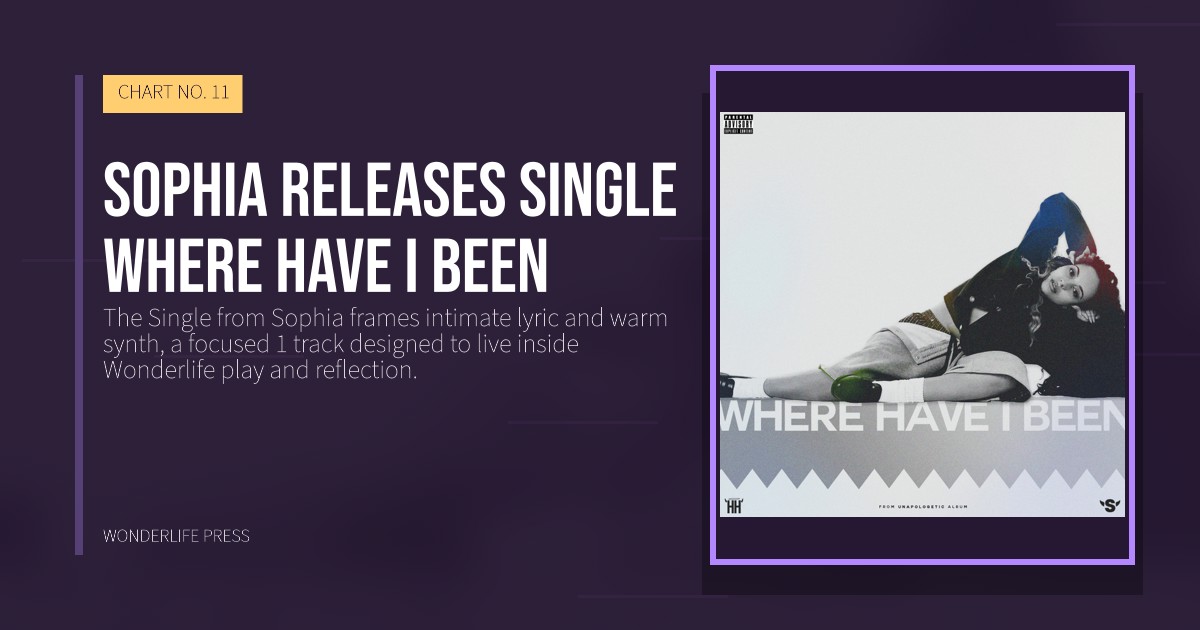 Wonderlife Press: Sophia releases Single Where Have I Been. release artwork. CHART NO. 11.