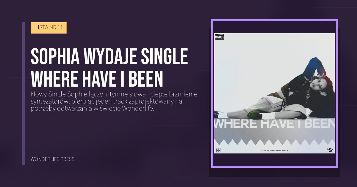 Wonderlife Press: Sophia wydaje Single Where Have I Been. okładka wydawnictwa. LISTA NR 11.