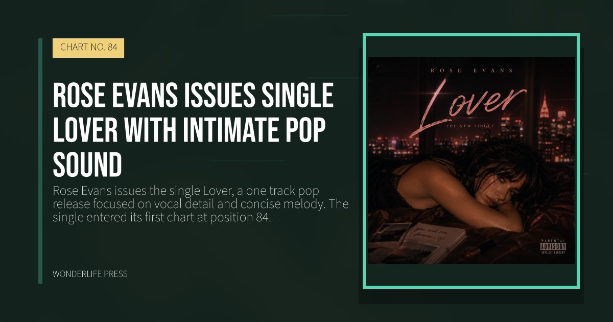 Wonderlife Press: Rose Evans issues single Lover with intimate pop sound. release artwork. CHART NO. 84.