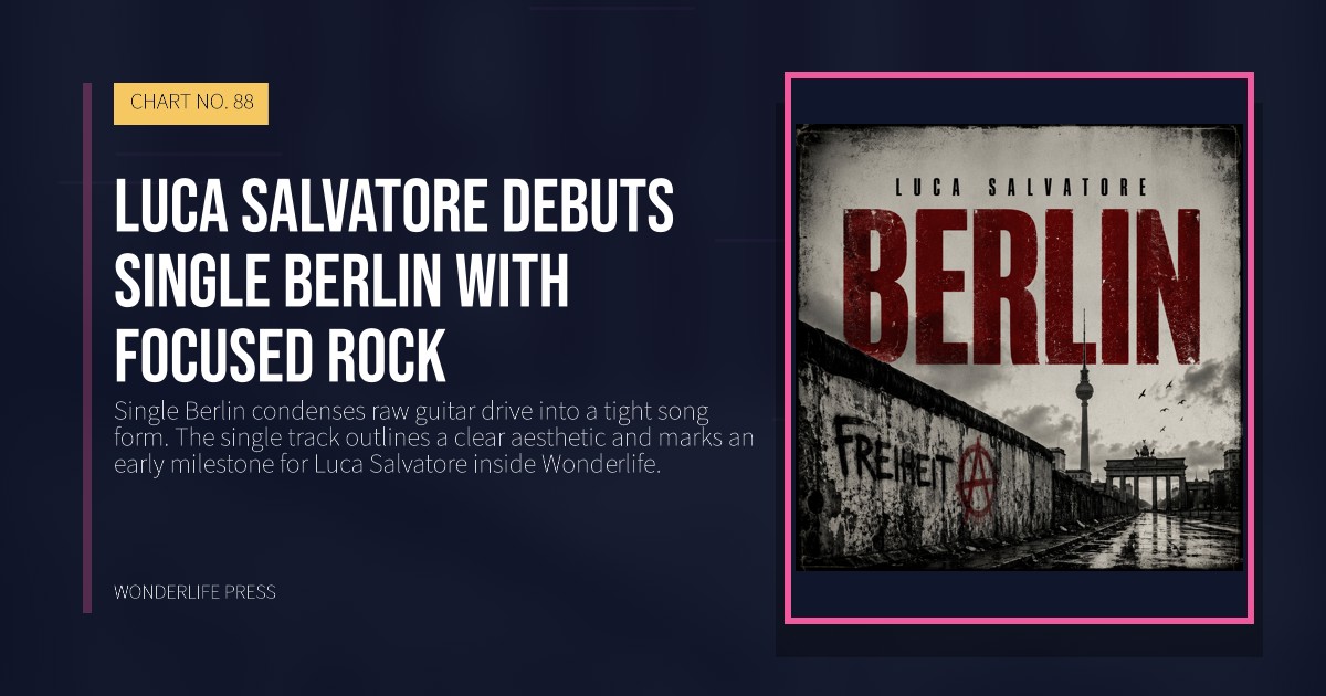Wonderlife Press: Luca Salvatore debuts Single Berlin with focused rock. release artwork. CHART NO. 88.