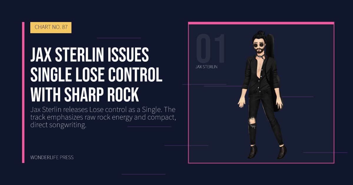 Wonderlife Press: Jax Sterlin issues Single Lose control with sharp rock. artist portrait. CHART NO. 87.