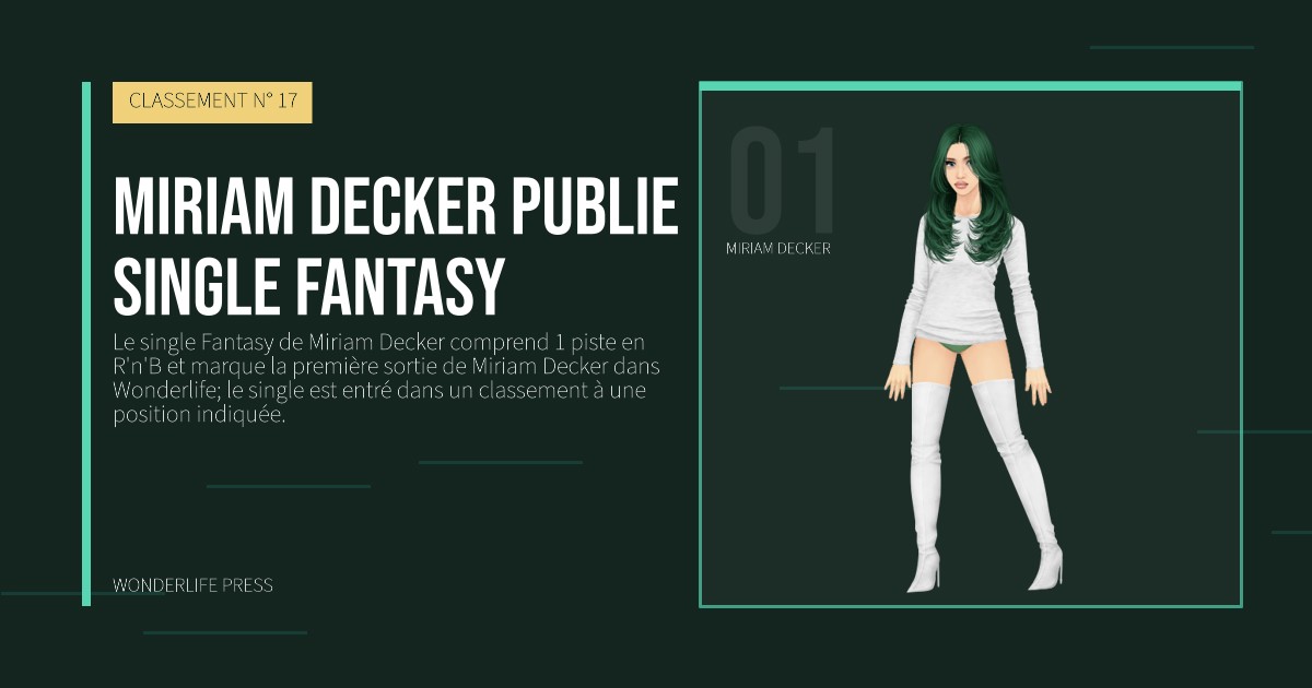 Wonderlife Press: Miriam Decker publie single Fantasy. portrait des artistes. CLASSEMENT N° 17.