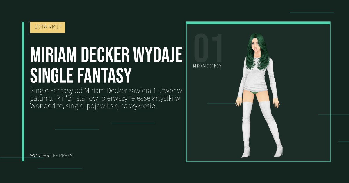 Wonderlife Press: Miriam Decker wydaje single Fantasy. portret artystów. LISTA NR 17.