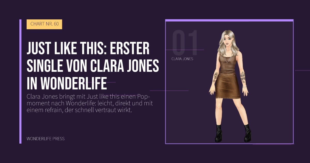 Wonderlife Press: Just like this: erster single von Clara Jones in Wonderlife. Künstlerporträt. CHART NR. 60.
