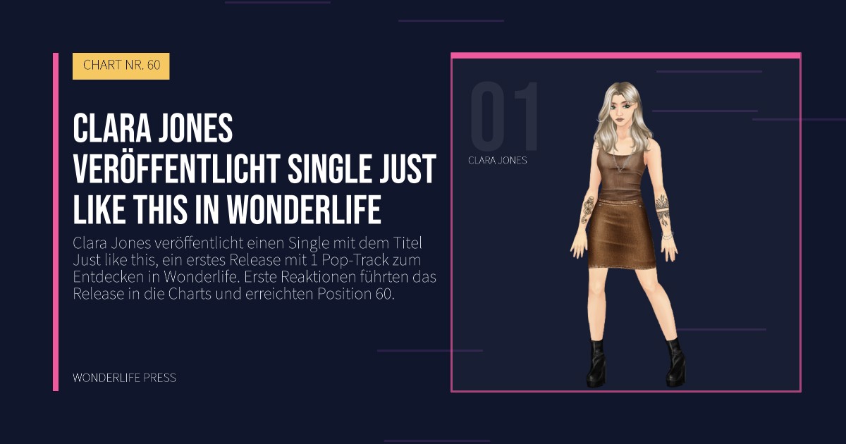 Wonderlife Press: Clara Jones veröffentlicht Single Just like this in Wonderlife. Künstlerporträt. CHART NR. 60.