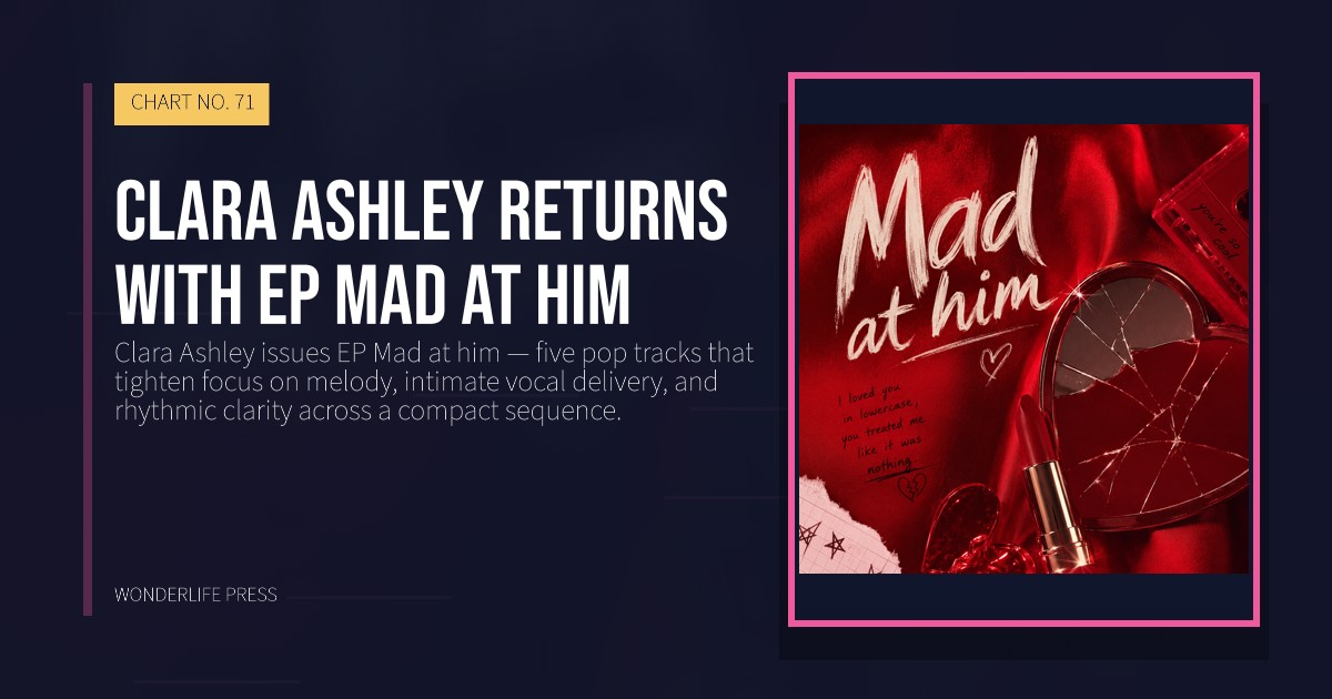 Wonderlife Press: Clara Ashley returns with EP Mad at him. release artwork. CHART NO. 71.