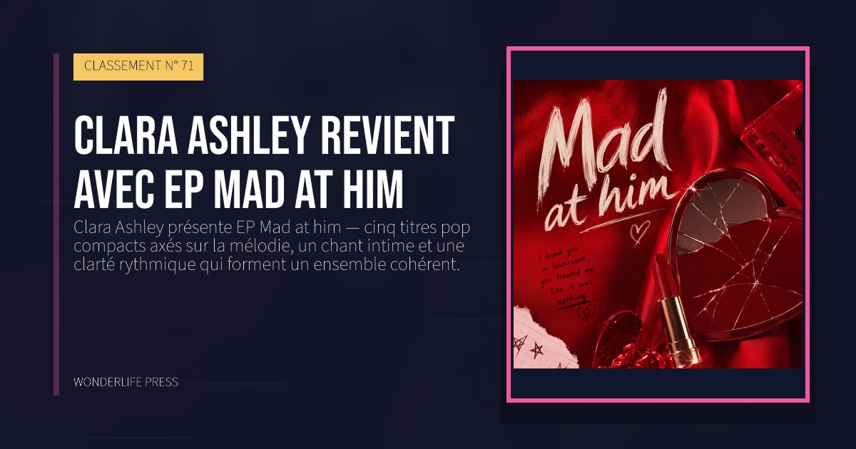 Wonderlife Press: Clara Ashley revient avec EP Mad at him. pochette de la sortie. CLASSEMENT N° 71.
