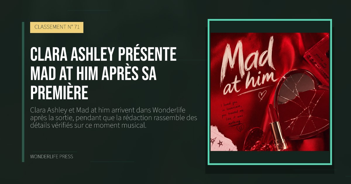 Wonderlife Press: Clara Ashley présente Mad at him après sa première. pochette de la sortie. CLASSEMENT N° 71.
