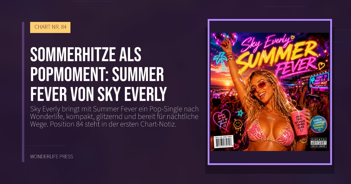 Wonderlife Press: Sommerhitze als popmoment: Summer Fever von Sky Everly. Veröffentlichungscover. CHART NR. 84.