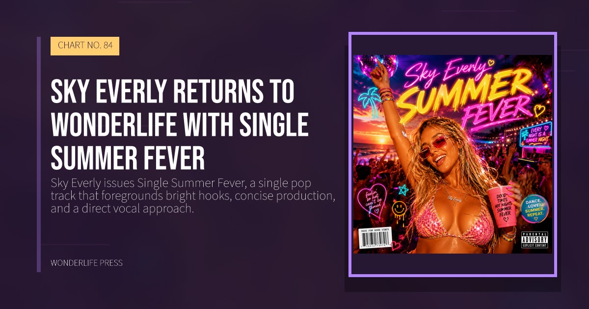 Wonderlife Press: Sky Everly returns to Wonderlife with Single Summer Fever. release artwork. CHART NO. 84.