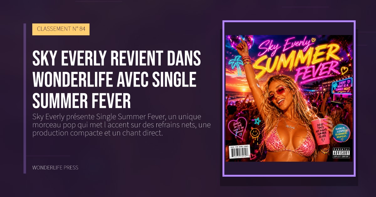 Wonderlife Press: Sky Everly revient dans Wonderlife avec Single Summer Fever. pochette de la sortie. CLASSEMENT N° 84.