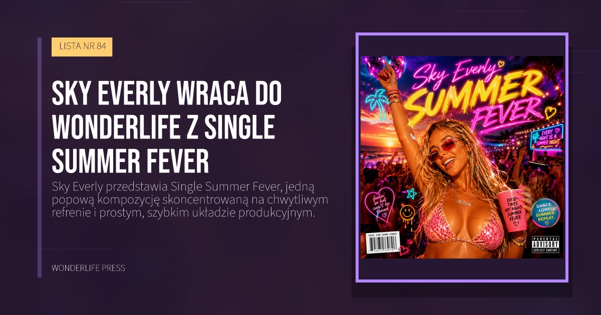 Wonderlife Press: Sky Everly wraca do Wonderlife z Single Summer Fever. okładka wydawnictwa. LISTA NR 84.