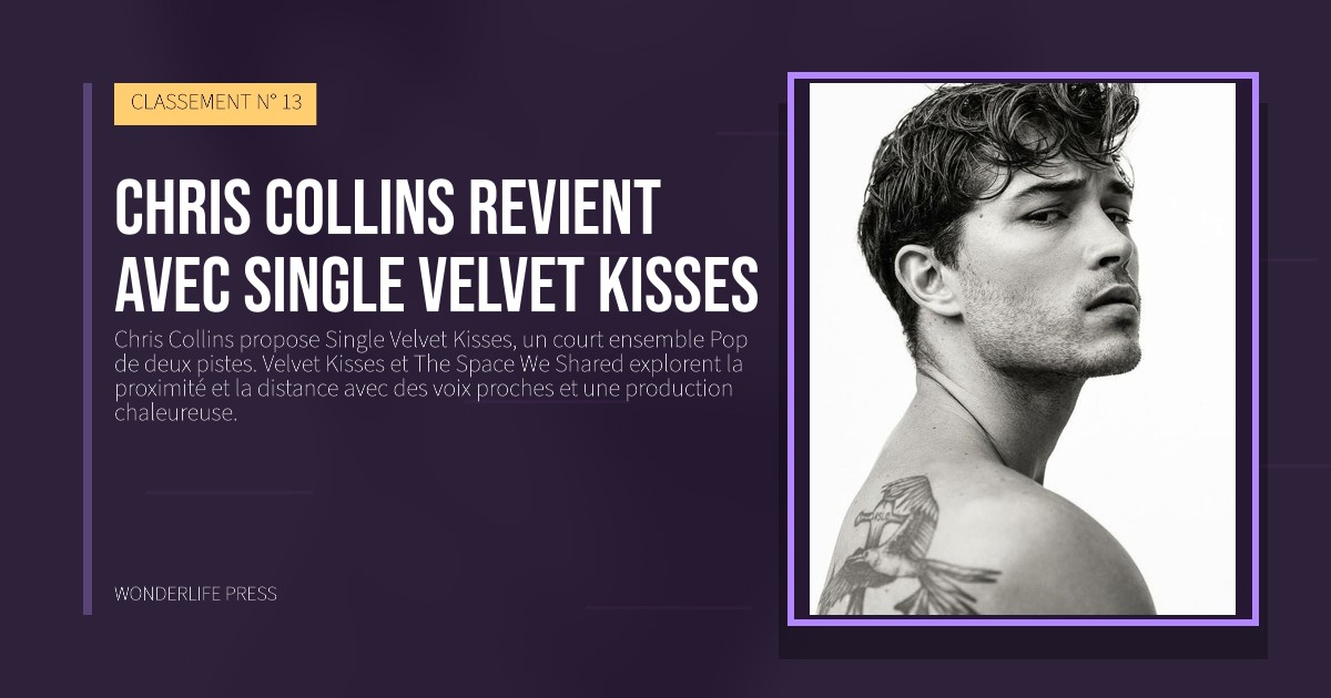 Wonderlife Press: Chris Collins revient avec Single Velvet Kisses. pochette de la sortie. CLASSEMENT N° 13.