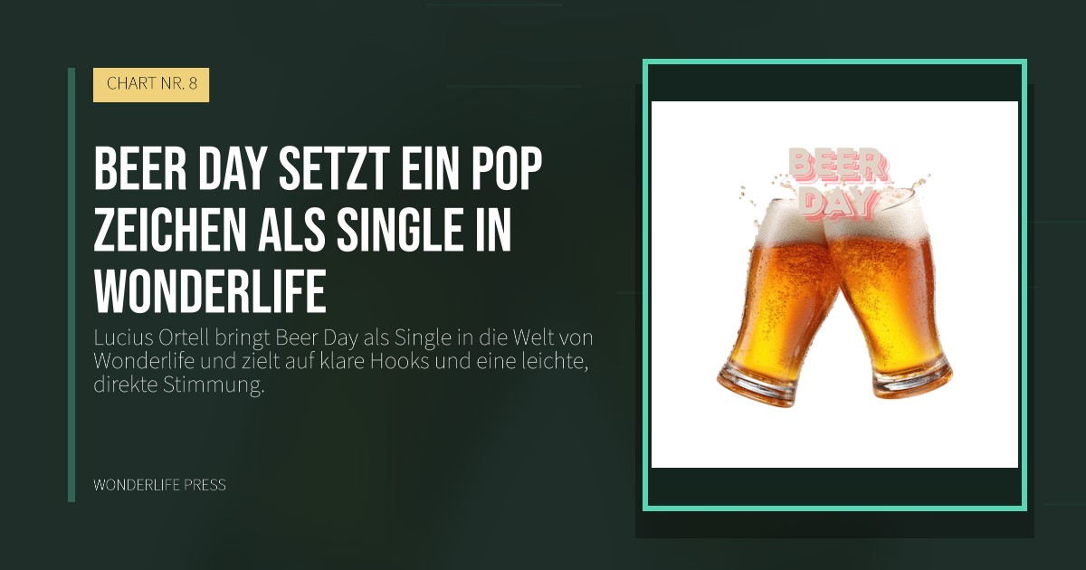 Wonderlife Press: Beer Day setzt ein Pop Zeichen als Single in Wonderlife. Veröffentlichungscover. CHART NR. 8.