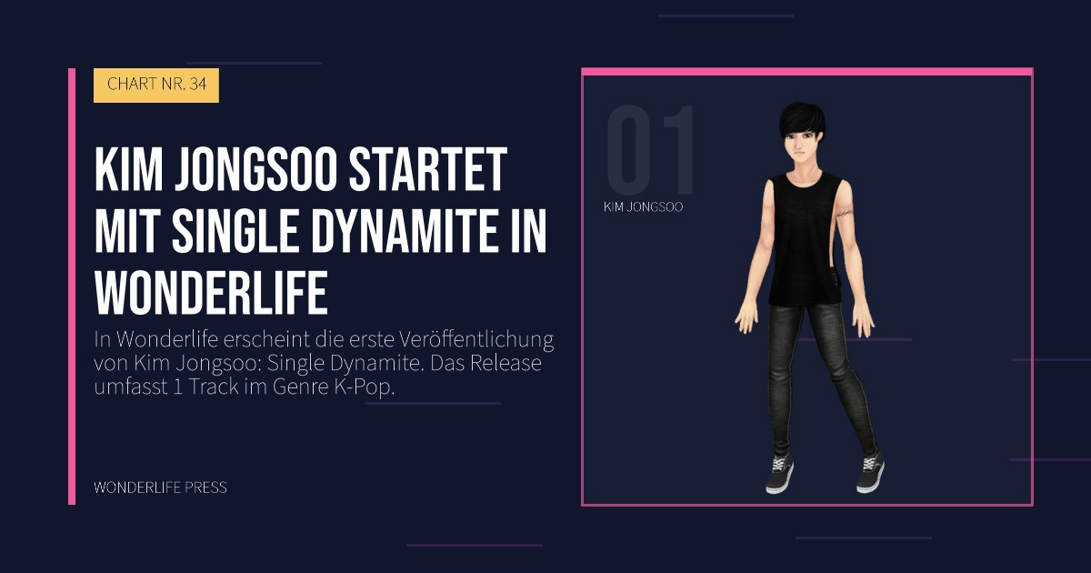Wonderlife Press: Kim Jongsoo startet mit single Dynamite in Wonderlife. Künstlerporträt. CHART NR. 34.