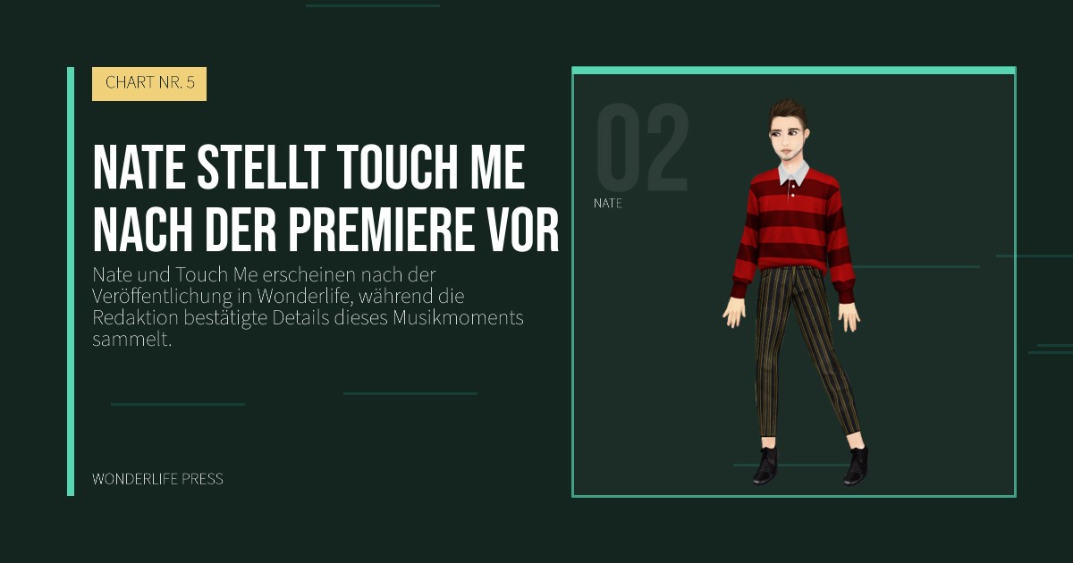 Wonderlife Press: Nate stellt Touch Me nach der Premiere vor. Künstlerporträt. CHART NR. 5.