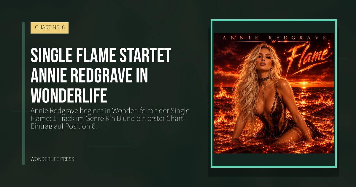 Wonderlife Press: Single Flame startet Annie Redgrave in Wonderlife. Veröffentlichungscover. CHART NR. 6.