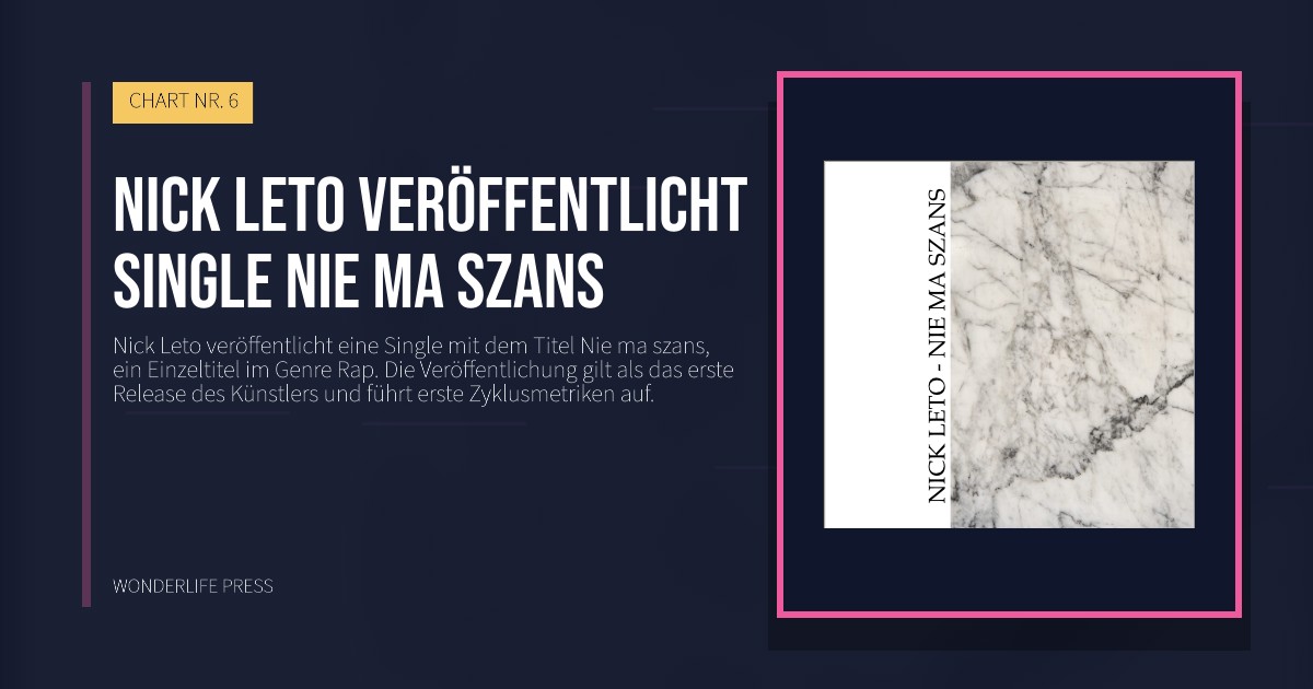 Wonderlife Press: Nick Leto veröffentlicht Single Nie ma szans. Veröffentlichungscover. CHART NR. 6.