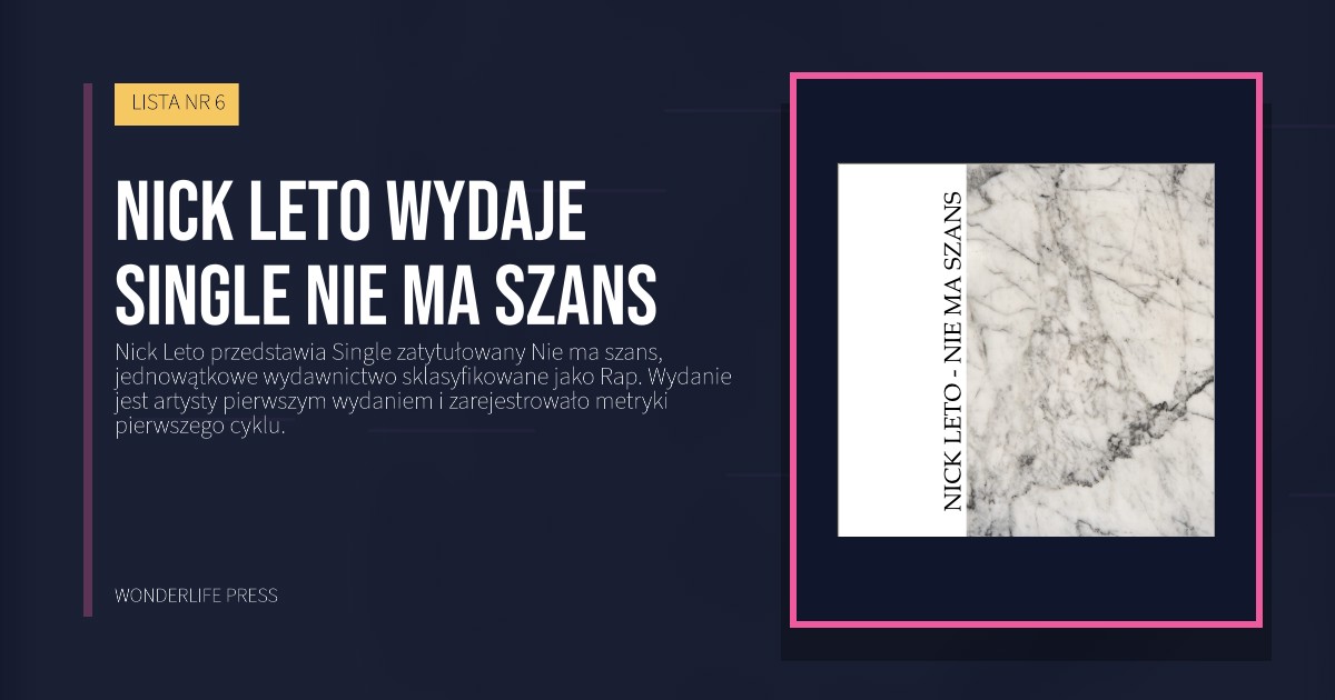 Wonderlife Press: Nick Leto wydaje Single Nie ma szans. okładka wydawnictwa. LISTA NR 6.
