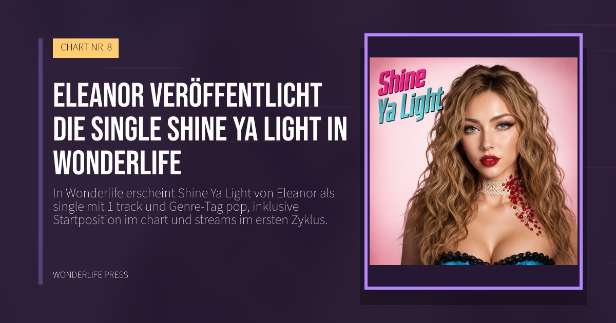 Wonderlife Press: Eleanor veröffentlicht die single Shine Ya Light in Wonderlife. Veröffentlichungscover. CHART NR. 8.