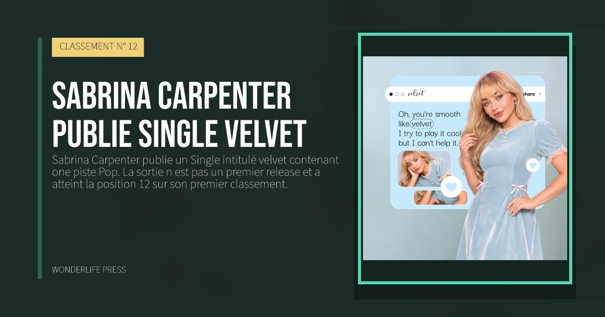 Wonderlife Press: Sabrina Carpenter publie single velvet. pochette de la sortie. CLASSEMENT N° 12.