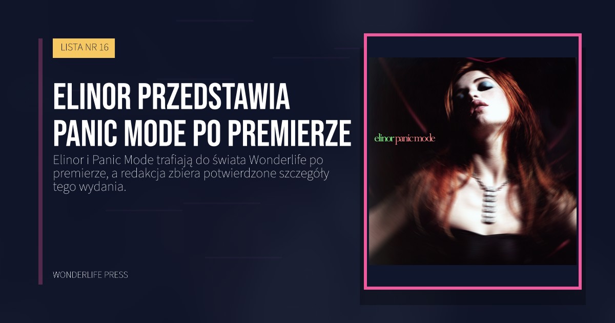 Wonderlife Press: Elinor przedstawia Panic Mode po premierze. okładka wydawnictwa. LISTA NR 16.