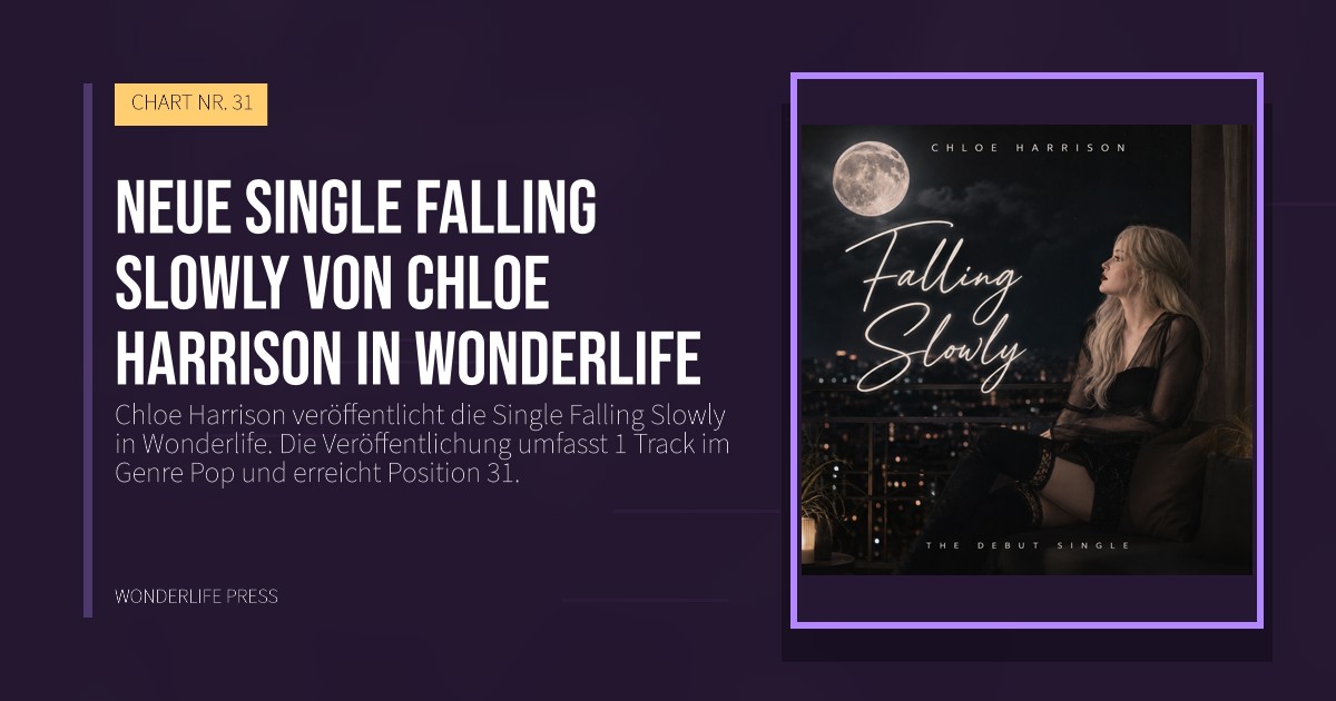 Wonderlife Press: Neue single Falling Slowly von Chloe Harrison in Wonderlife. Veröffentlichungscover. CHART NR. 31.