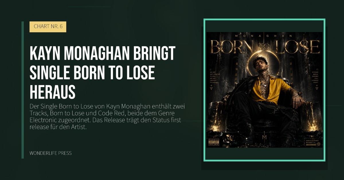 Wonderlife Press: Kayn Monaghan bringt Single Born to Lose heraus. Veröffentlichungscover. CHART NR. 6.
