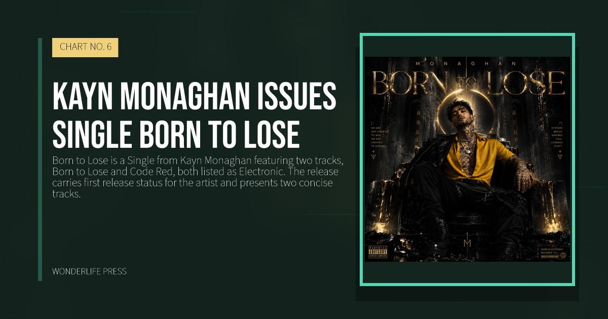 Wonderlife Press: Kayn Monaghan issues Single Born to Lose. release artwork. CHART NO. 6.