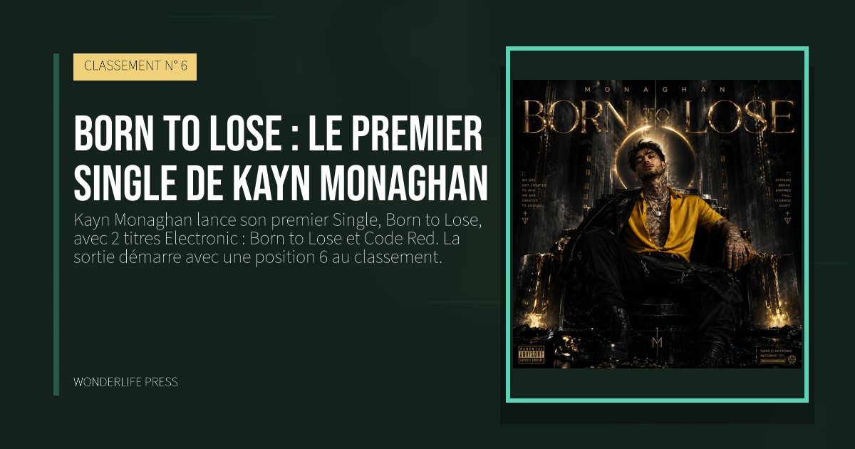 Wonderlife Press: Born to Lose : le premier Single de Kayn Monaghan. pochette de la sortie. CLASSEMENT N° 6.