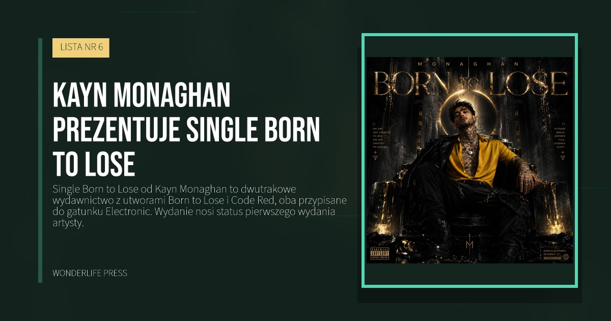 Wonderlife Press: Kayn Monaghan prezentuje Single Born to Lose. okładka wydawnictwa. LISTA NR 6.